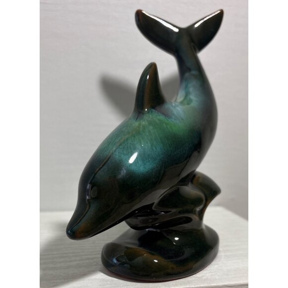Blue Mountain Pottery Dolphin Figurine 6.75" Tall Green Black Drip Glaze - Picture 4 of 7